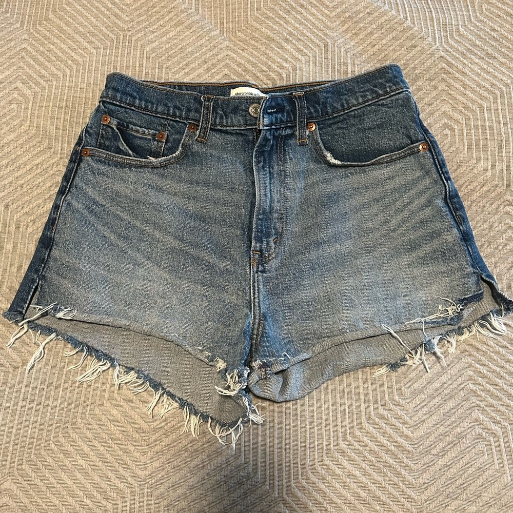 Abercrombie & Fitch Dark Blue Distressed High-Waist Denim Shorts